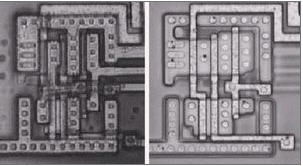 NAND門驅(qū)動(dòng)一個(gè)反向器的光學(xué)照片(包含金屬層和去掉金屬層)。